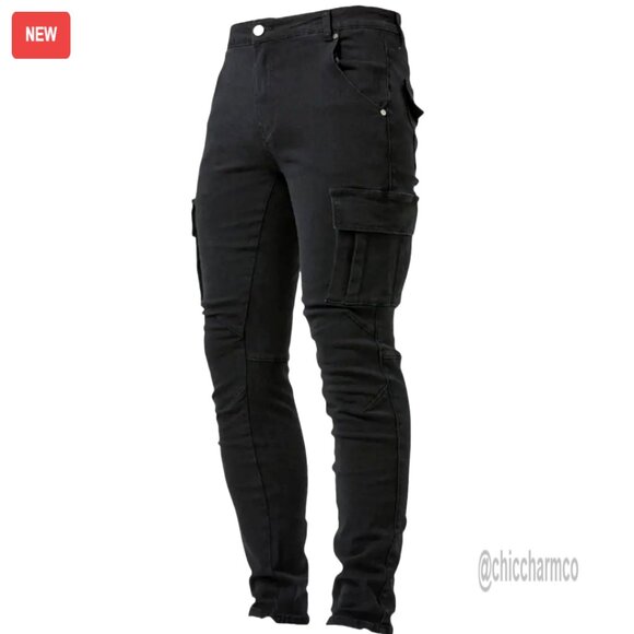 Slim Fit Stretch Cargo Jeans Ripped Skinny Pants Side Pockets Casual